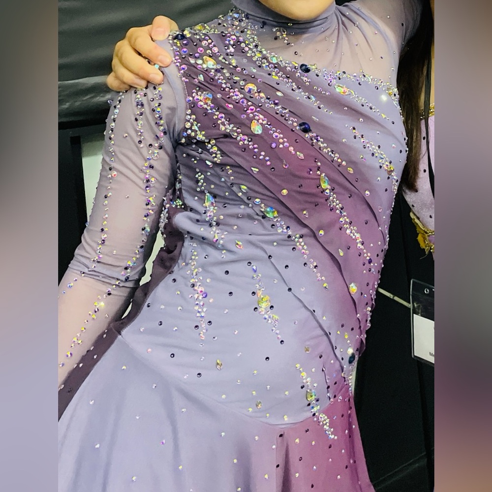 Custom Purple Long Sleeve Figure Skating / Dance Competition Dress - EUC